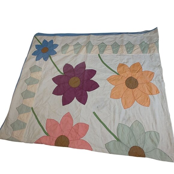 Dahlia Quilt Handmade Patchwork Lightweight Vintage Floral Light Blue Back - Picture 9 of 16